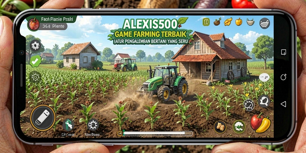 Tampilan gameplay ALEXIS500 yang menampilkan ladang dan aktivitas bertani.