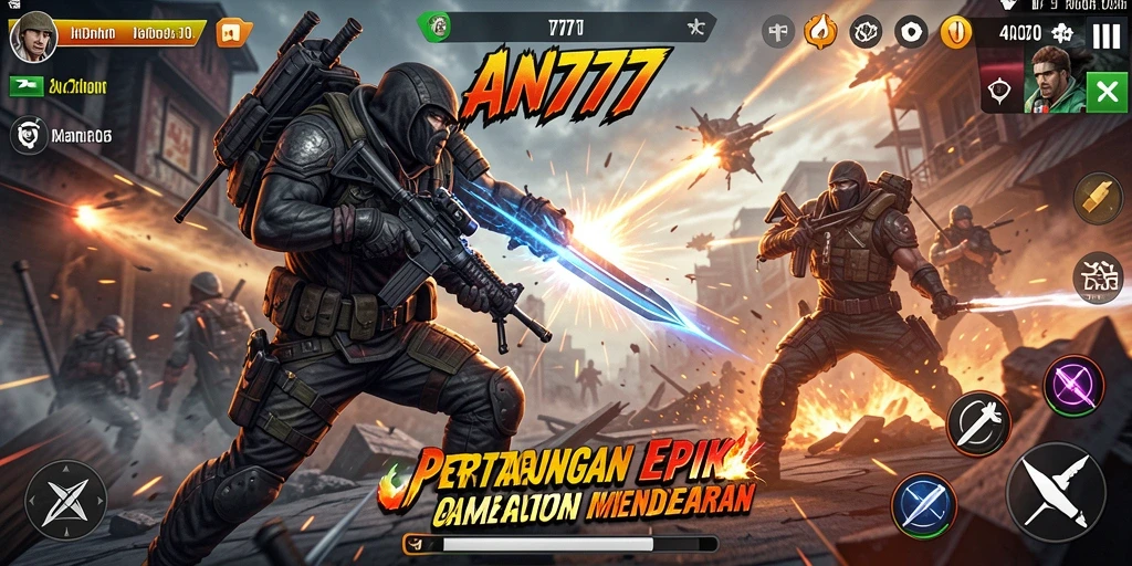 Tangkapan layar AN777 menampilkan pertarungan intens di dunia aksi yang menegangkan.
