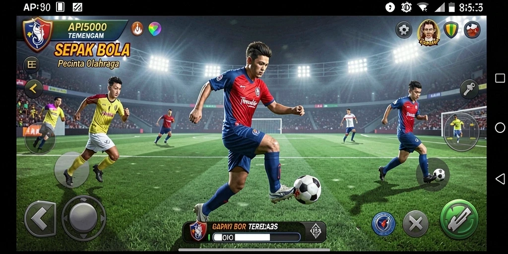 Tampilan gameplay intens sepak bola dengan grafis yang memukau.