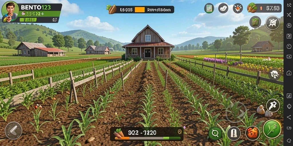 Gameplay <strong>BENTO123</strong> yang menampilkan suasana pertanian yang indah.