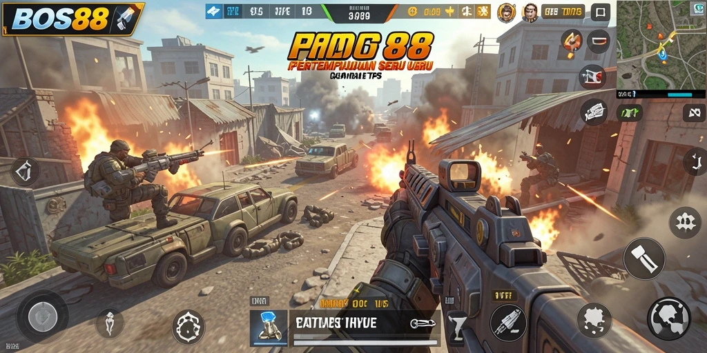 Screenshot utama gameplay BOS88 menampilkan aksi pertempuran yang seru.