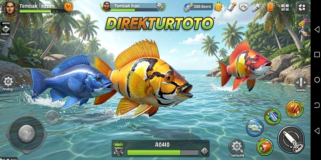 Screenshot gameplay <strong>DIREKTURTOTO</strong> yang menampilkan aksi menembak ikan.