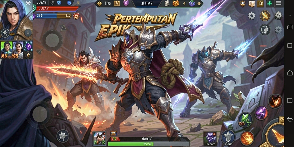 Menampilkan aksi seru gameplay MOBA JUTA7 dengan karakter unik.