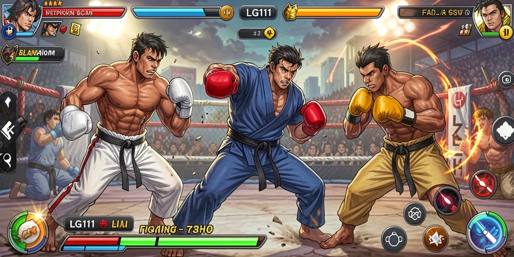 Screenshot gameplay LG111 menunjukkan pertarungan seru antara karakter.