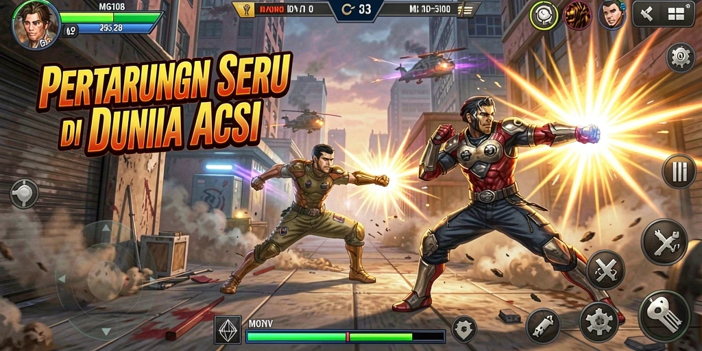 Tangkapan layar utama MG108 menunjukkan pertarungan mendebarkan dengan grafis menawan.