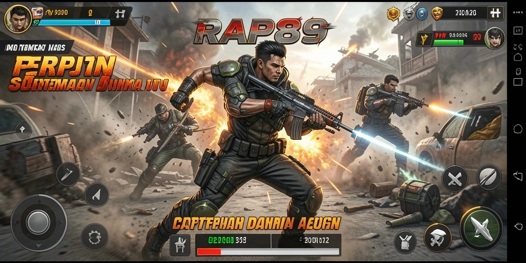 Screenshot utama RAP89 menampilkan aksi tempur yang intens dan karakter yang beragam.