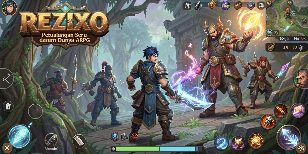 Tangkapan layar gameplay <strong>REZIXO</strong> yang menampilkan aksi pertarungan seru di dunia fantasi.