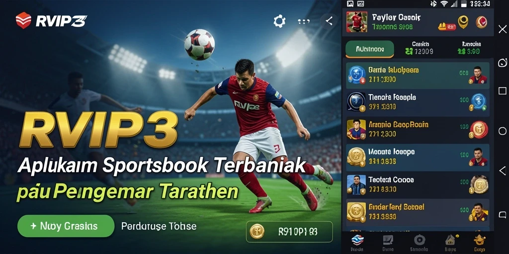 Tampilan antarmuka aplikasi RVIP3 dengan fitur taruhan Sportsbook.