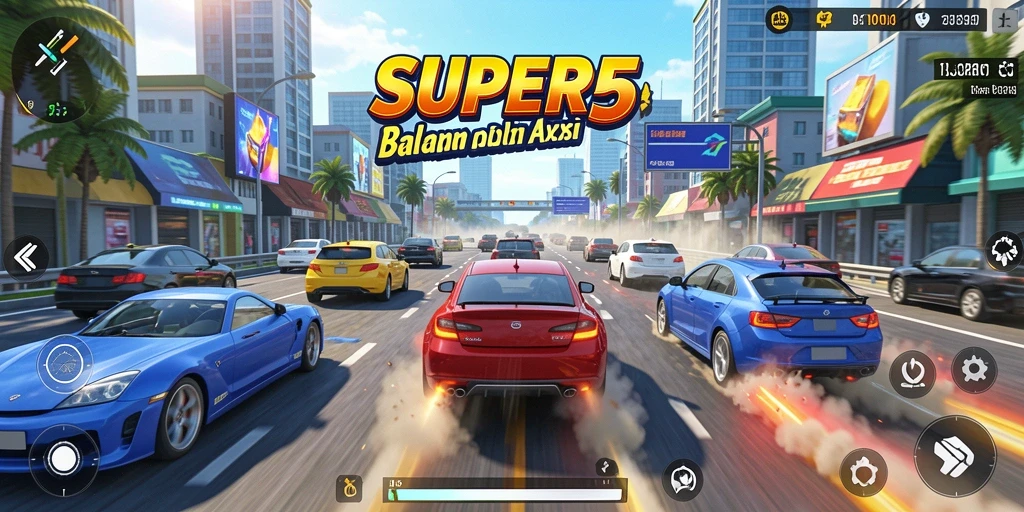 Tampilan permainan balapan SUPER5 dengan mobil melaju kencang.